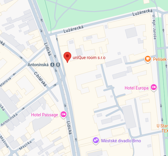a map of Brno centered on unIQue room, Lidicka 40